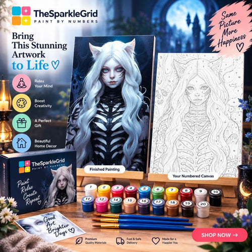 The SparkleGrid Paint by Numbers kit shown with a finished painted canvas of a cat-eared woman with long silver hair, an unnumbered numbered canvas, multiple paint tubes, paintbrushes, and packaging on a styled tabletop with decorative flowers and candles.