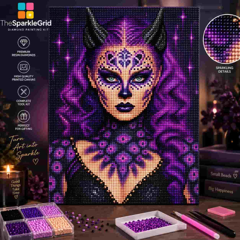 TheSparkleGrid fantasy woman diamond painting kit featuring a fully completed purple and black rhinestone portrait, premium resin diamonds, printed canvas, complete tool kit, bead trays, and sparkling detail close-up.