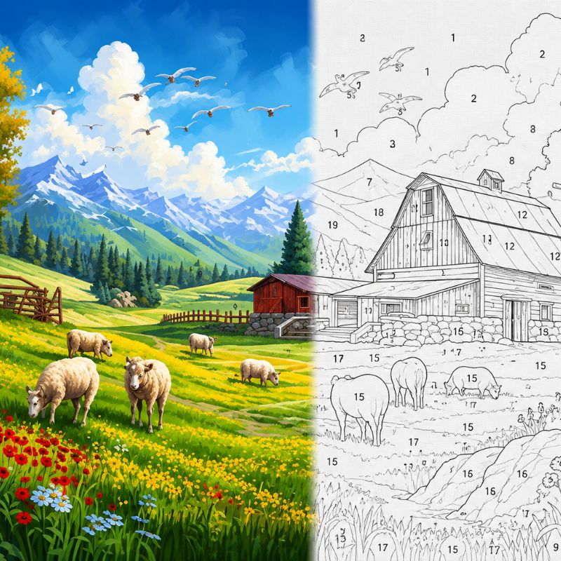 A split scenic artwork showing a colorful painted landscape on the left with mountains, blue sky, clouds, trees, flowers, and grazing sheep, and a black-and-white numbered barn-and-scene coloring page on the right.
