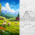 A split scenic artwork showing a colorful painted landscape on the left with mountains, blue sky, clouds, trees, flowers, and grazing sheep, and a black-and-white numbered barn-and-scene coloring page on the right.