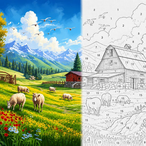 A split scenic artwork showing a colorful painted landscape on the left with mountains, blue sky, clouds, trees, flowers, and grazing sheep, and a black-and-white numbered barn-and-scene coloring page on the right.