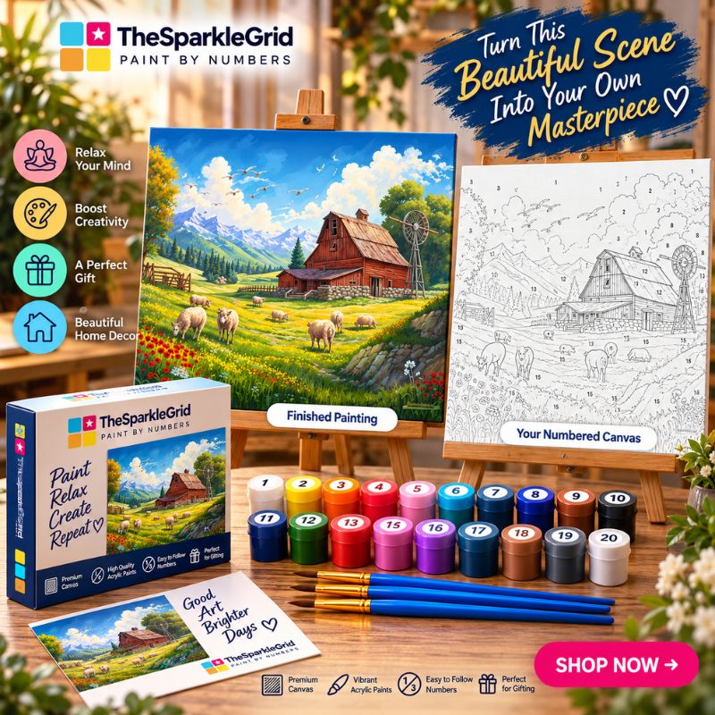 TheSparkleGrid Paint by Numbers activity kit shown with a completed barn landscape painting, an unnumbered black-and-white canvas, a box, numbered paint cups, paintbrushes, and printed cards on a styled tabletop setup.