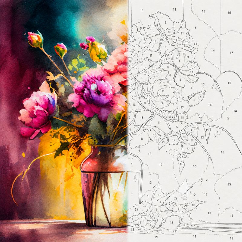 A split-style artwork showing a colorful painted floral vase scene on the left and a black-and-white numbered floral line drawing on the right, likely representing a paint-by-numbers or art print product.