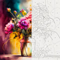 A split-style artwork showing a colorful painted floral vase scene on the left and a black-and-white numbered floral line drawing on the right, likely representing a paint-by-numbers or art print product.