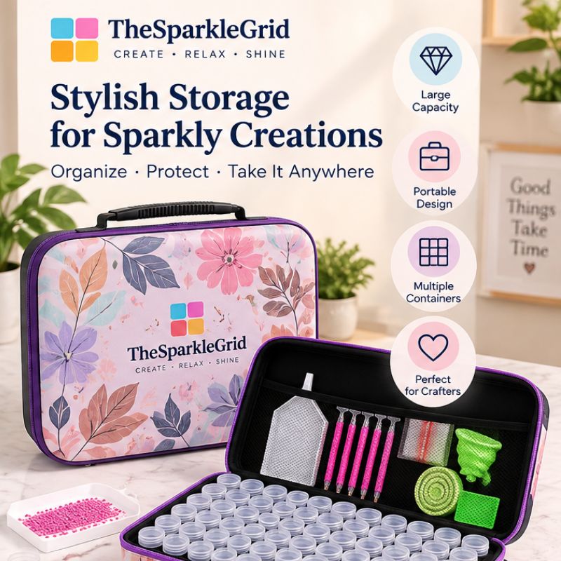 TheSparkleGrid floral diamond painting storage organizer case with multiple containers, diamond painting tools, and spacious portable storage for organizing and carrying colorful resin drills.