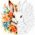 TheSparkleGrid floral rabbit artwork shown half as a colorful finished painting and half as a numbered paint by numbers canvas, featuring a white rabbit surrounded by peach roses, blue flowers, and green foliage