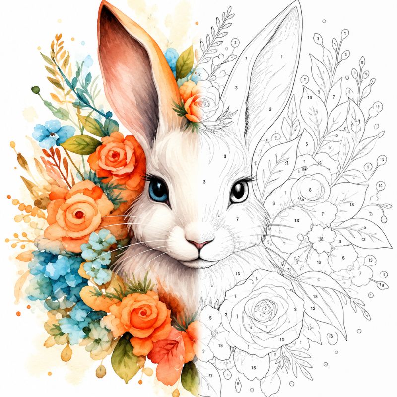 TheSparkleGrid floral rabbit artwork shown half as a colorful finished painting and half as a numbered paint by numbers canvas, featuring a white rabbit surrounded by peach roses, blue flowers, and green foliage