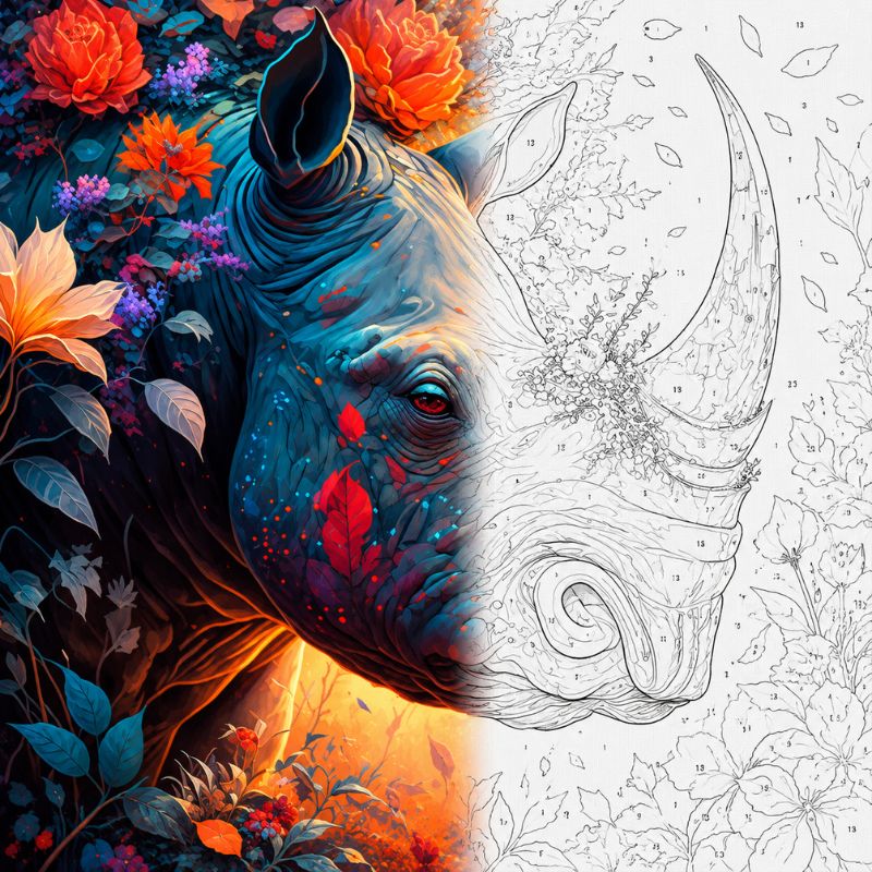 TheSparkleGrid floral rhinoceros artwork shown half as a vibrant finished painting and half as a numbered paint by numbers canvas, featuring a detailed rhinoceros surrounded by colorful flowers and foliage