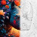 TheSparkleGrid floral rhinoceros artwork shown half as a vibrant finished painting and half as a numbered paint by numbers canvas, featuring a detailed rhinoceros surrounded by colorful flowers and foliage