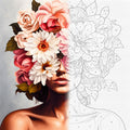 TheSparkleGrid floral woman artwork shown half as a finished painting and half as a numbered paint by numbers canvas, featuring a woman surrounded by detailed pink and white flowers