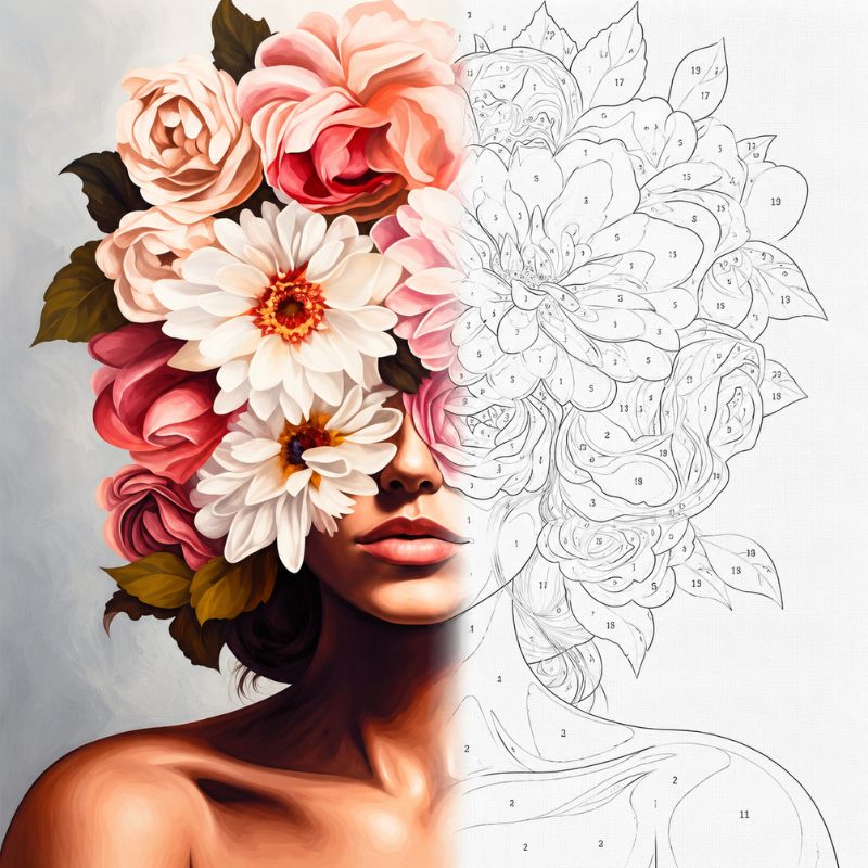 TheSparkleGrid floral woman artwork shown half as a finished painting and half as a numbered paint by numbers canvas, featuring a woman surrounded by detailed pink and white flowers