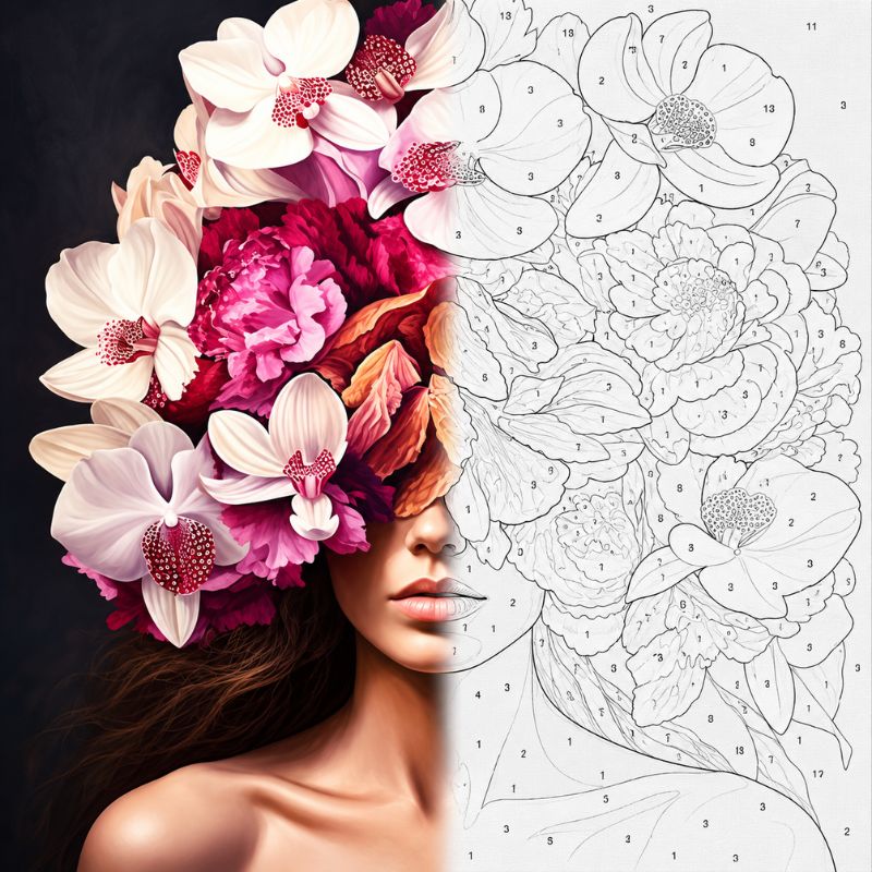 TheSparkleGrid floral woman artwork showing half as a finished colorful painting and half as a numbered paint by numbers canvas, surrounded by white, pink, purple, and burgundy flowers