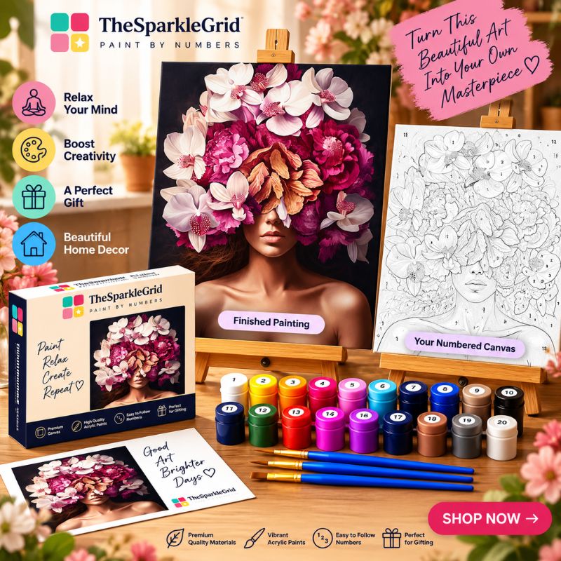 TheSparkleGrid floral woman paint by numbers kit promotional image showing the finished floral portrait, numbered canvas, acrylic paint pots, brushes, branded kit packaging, and TheSparkleGrid logo