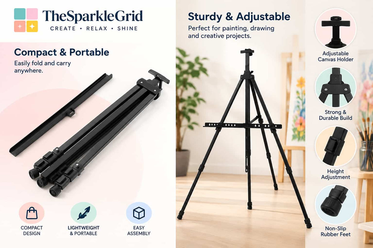TheSparkleGrid foldable adjustable easel with compact portable design, strong durable build, adjustable canvas holder, height adjustment, and non-slip rubber feet for painting, drawing, diamond painting, and creative projects.