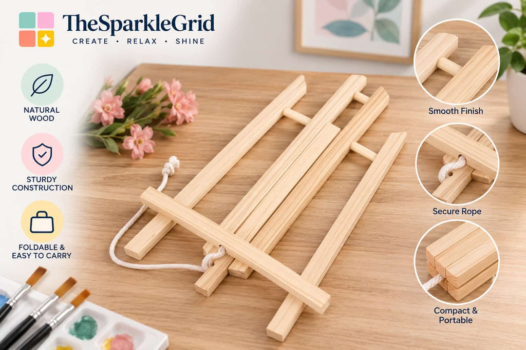 A natural wood folding easel with a white carrying rope, displayed on a wooden tabletop with decorative pink flowers, paintbrushes, and circular feature callouts. The brand logo 'TheSparkleGrid' is visible in the top left.