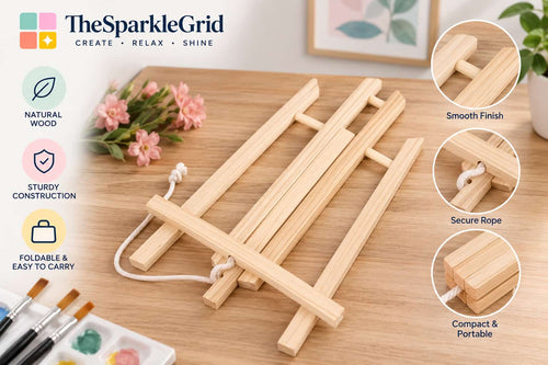 A natural wood folding easel with a white carrying rope, displayed on a wooden tabletop with decorative pink flowers, paintbrushes, and circular feature callouts. The brand logo 'TheSparkleGrid' is visible in the top left.