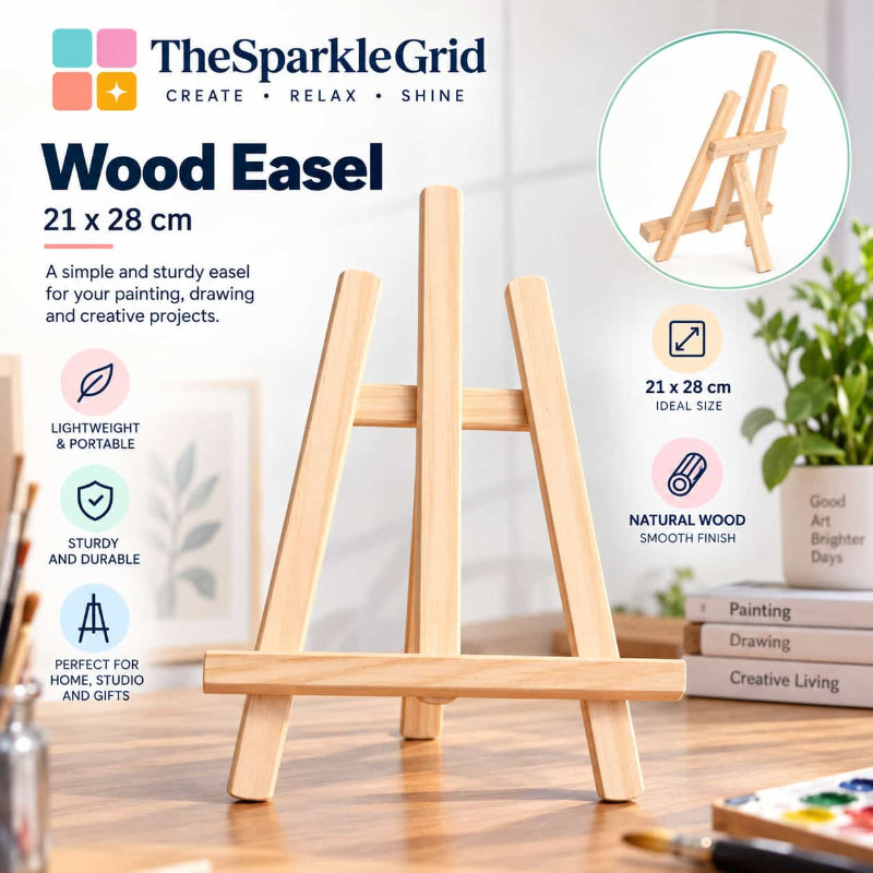 A light natural wood easel displayed on a tabletop in a bright indoor setting, with product text, icons, and an inset showing the easel from the back. The brand name TheSparkleGrid is visible at the top.