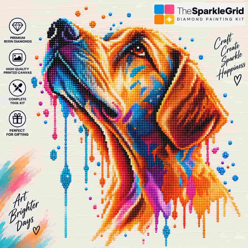 TheSparkleGrid diamond painting kit featuring a colorful golden retriever portrait made with sparkling resin diamonds, vibrant artistic drip effects, premium canvas, and complete kit branding.