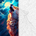 TheSparkleGrid howling wolf under a glowing full moon shown half as a finished fantasy painting and half as a numbered paint by numbers canvas, with dramatic blue and orange lighting