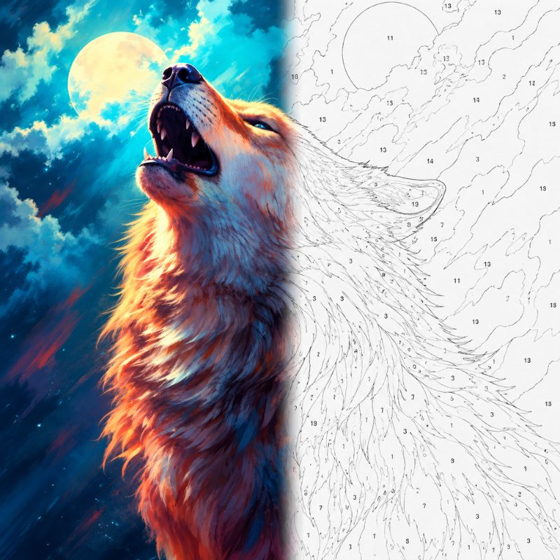 TheSparkleGrid howling wolf under a glowing full moon shown half as a finished fantasy painting and half as a numbered paint by numbers canvas, with dramatic blue and orange lighting