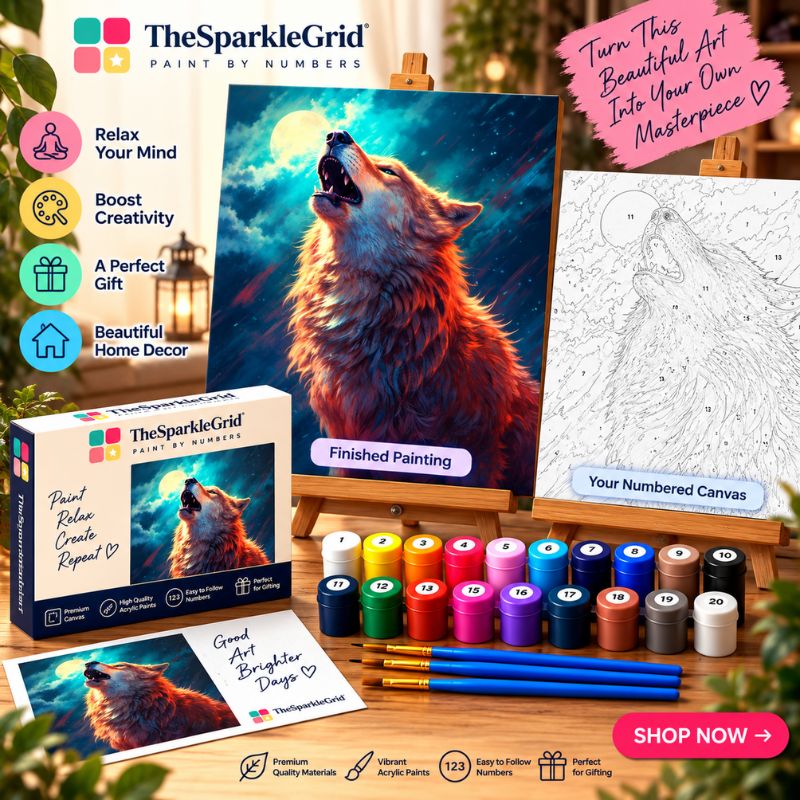 TheSparkleGrid howling wolf paint by numbers kit promotional image featuring the finished moonlit wolf artwork, numbered canvas, acrylic paint pots, brushes, branded packaging, and TheSparkleGrid logo