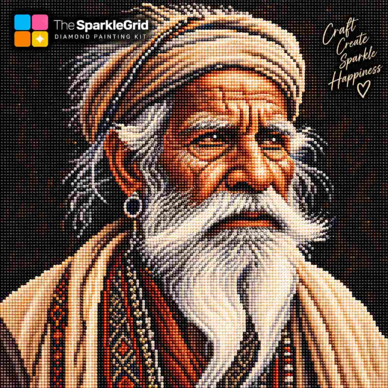TheSparkleGrid diamond painting kit featuring a detailed portrait of an elderly Indian man wearing a traditional turban, with a long white beard and moustache created using sparkling resin diamond drills.