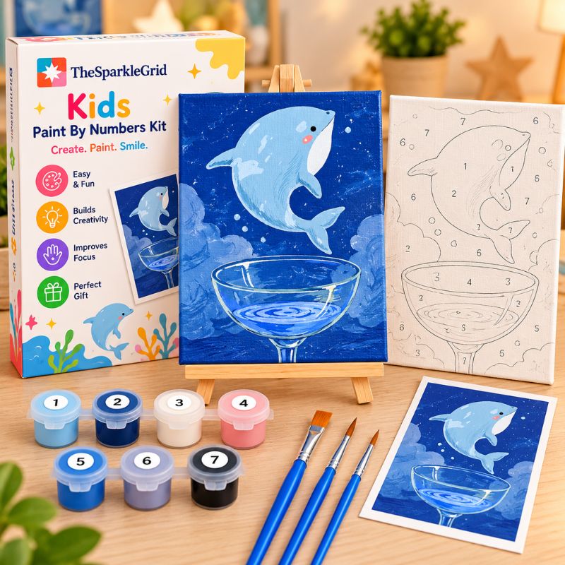 TheSparkleGrid Kids Paint By Numbers Kit featuring a completed blue dolphin artwork, numbered canvas, colorful acrylic paints, brushes, reference card, and branded packaging.