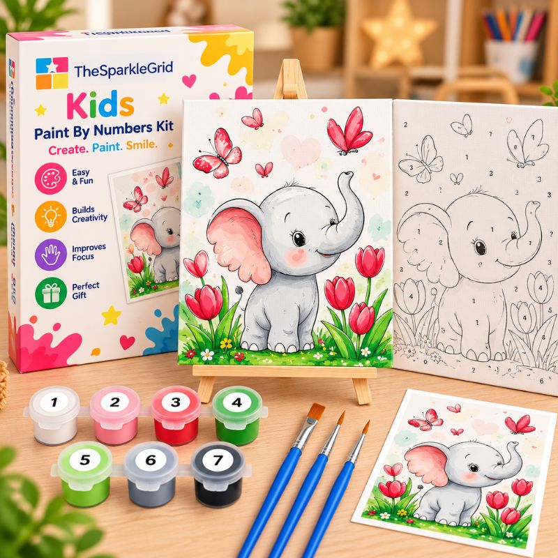 TheSparkleGrid Kids Paint By Numbers Kit featuring a cute elephant surrounded by red tulips and butterflies, with numbered canvas, acrylic paints, brushes, reference card, and branded packaging.