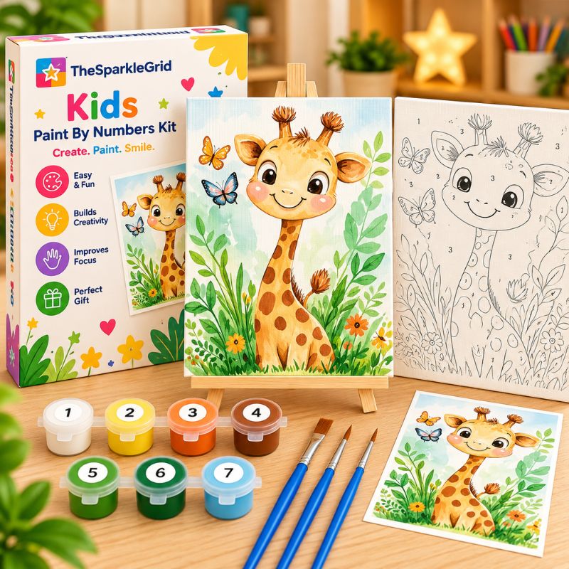 TheSparkleGrid Kids Paint By Numbers Kit featuring a cheerful giraffe surrounded by greenery and butterflies, with numbered canvas, acrylic paints, brushes, reference card, and branded box.