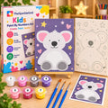 TheSparkleGrid Kids Paint By Numbers Kit featuring an adorable white koala on a purple background with stars and hearts, including numbered canvas, acrylic paints, brushes, reference card, and branded packaging.