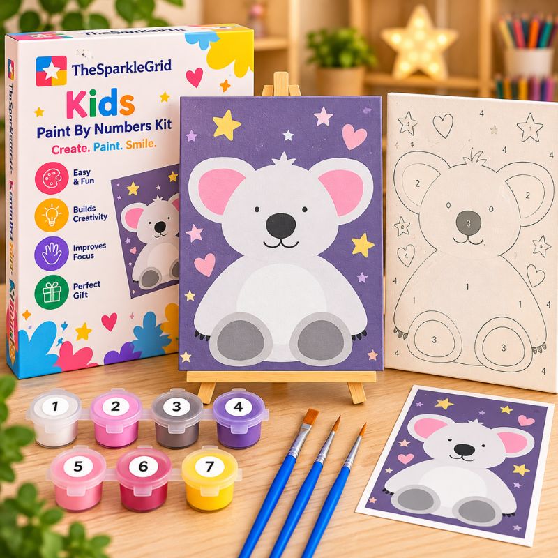 TheSparkleGrid Kids Paint By Numbers Kit featuring an adorable white koala on a purple background with stars and hearts, including numbered canvas, acrylic paints, brushes, reference card, and branded packaging.