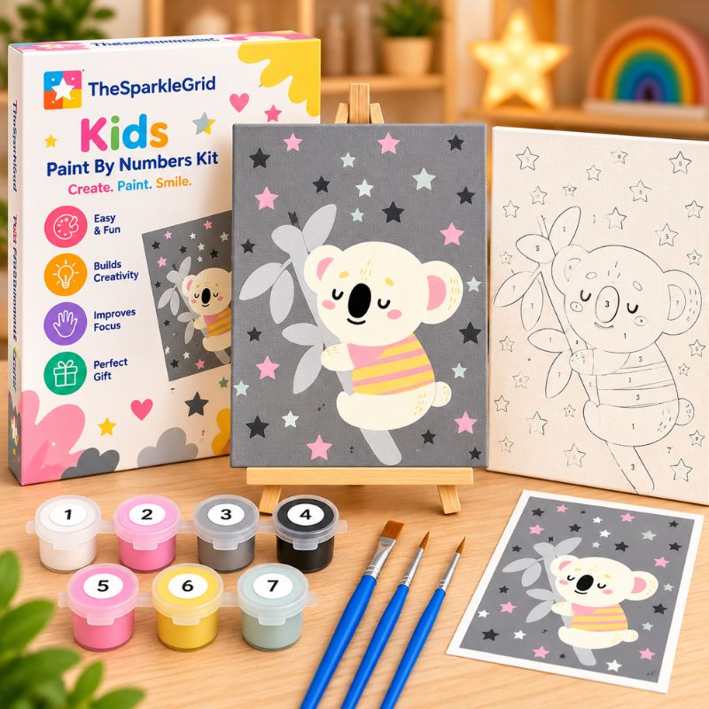 TheSparkleGrid Kids Paint By Numbers Kit featuring a cute koala floating among pink, white, and black stars, with numbered canvas, acrylic paint pots, brushes, reference card, and branded packaging.