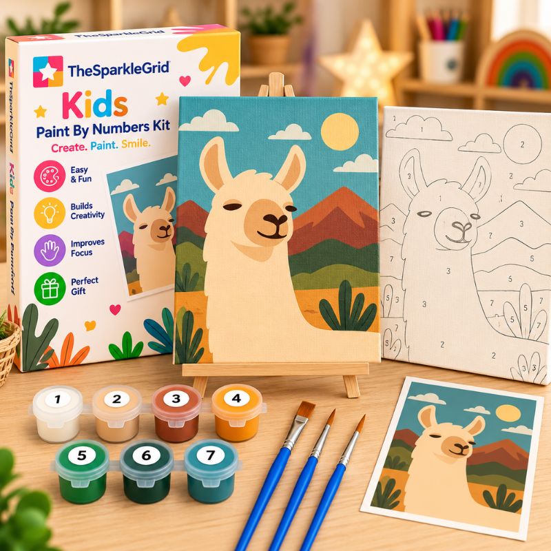 TheSparkleGrid Kids Paint By Numbers Kit featuring a cute llama in a colorful mountain landscape, with numbered outline canvas, acrylic paint pots, blue-handled brushes, reference card, and branded packaging.