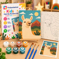 TheSparkleGrid Kids Paint By Numbers Kit featuring a cute llama in a colorful mountain landscape, with numbered outline canvas, acrylic paint pots, blue-handled brushes, reference card, and branded packaging.