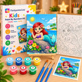 TheSparkleGrid Kids Paint By Numbers Kit featuring a colorful mermaid by the seaside with flowers, ocean, palm trees, numbered canvas, paints, brushes, and branded packaging.