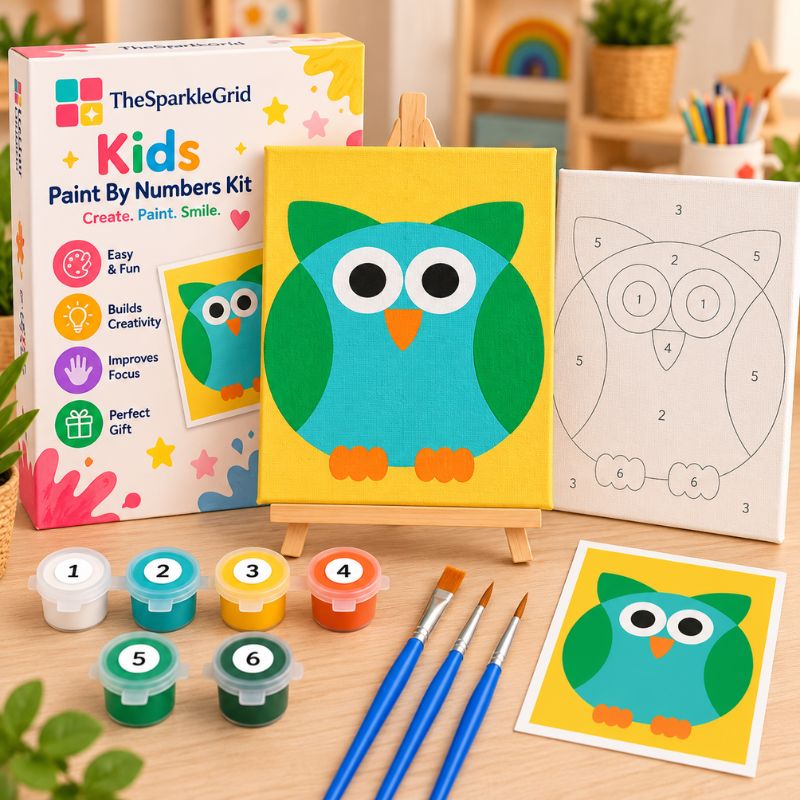 TheSparkleGrid Kids Paint By Numbers Kit featuring a colorful teal owl artwork, numbered canvas, acrylic paint pots, paint brushes, reference card, and branded packaging.