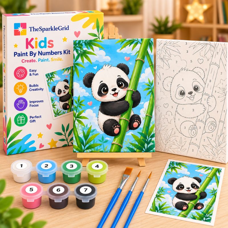 TheSparkleGrid Kids Paint By Numbers Kit featuring a cute panda hugging bamboo, with a numbered outline canvas, acrylic paints, brushes, reference card, and colorful branded box.
