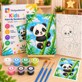 TheSparkleGrid Kids Paint By Numbers Kit featuring a cute panda hugging bamboo, with a numbered outline canvas, acrylic paints, brushes, reference card, and colorful branded box.