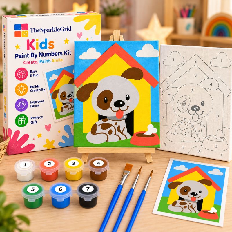 TheSparkleGrid Kids Paint By Numbers Kit featuring a cute puppy sitting inside a colorful doghouse, with numbered canvas, acrylic paint pots, brushes, reference card, and branded packaging.
