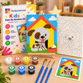 TheSparkleGrid Kids Paint By Numbers Kit featuring a cute puppy sitting inside a colorful doghouse, with numbered canvas, acrylic paint pots, brushes, reference card, and branded packaging.