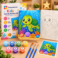 TheSparkleGrid Kids Paint By Numbers Kit featuring a cheerful green sea turtle underwater with colorful coral, shells, bubbles, numbered canvas, acrylic paints, brushes, and branded packaging.