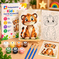 TheSparkleGrid Kids Paint By Numbers Kit featuring a cute baby tiger artwork, numbered canvas, acrylic paint pots, blue-handled brushes, reference card, and colorful branded packaging.