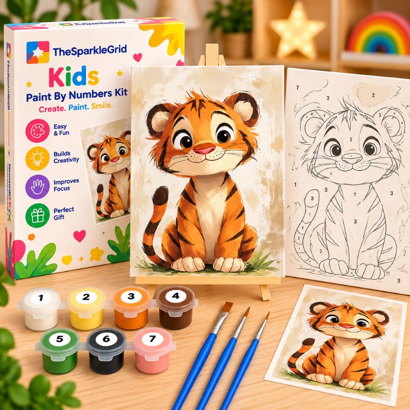 TheSparkleGrid Kids Paint By Numbers Kit featuring a cute baby tiger artwork, numbered canvas, acrylic paint pots, blue-handled brushes, reference card, and colorful branded packaging.