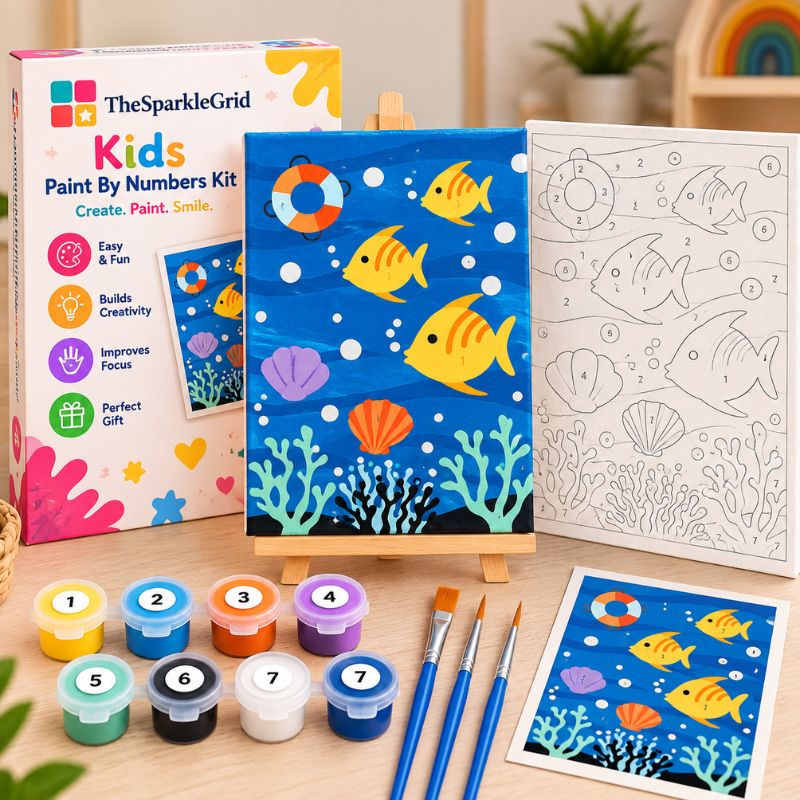 TheSparkleGrid Kids Paint By Numbers Kit featuring a colorful underwater fish painting with coral, shells, bubbles, numbered canvas, acrylic paints, brushes, reference card, and branded packaging.