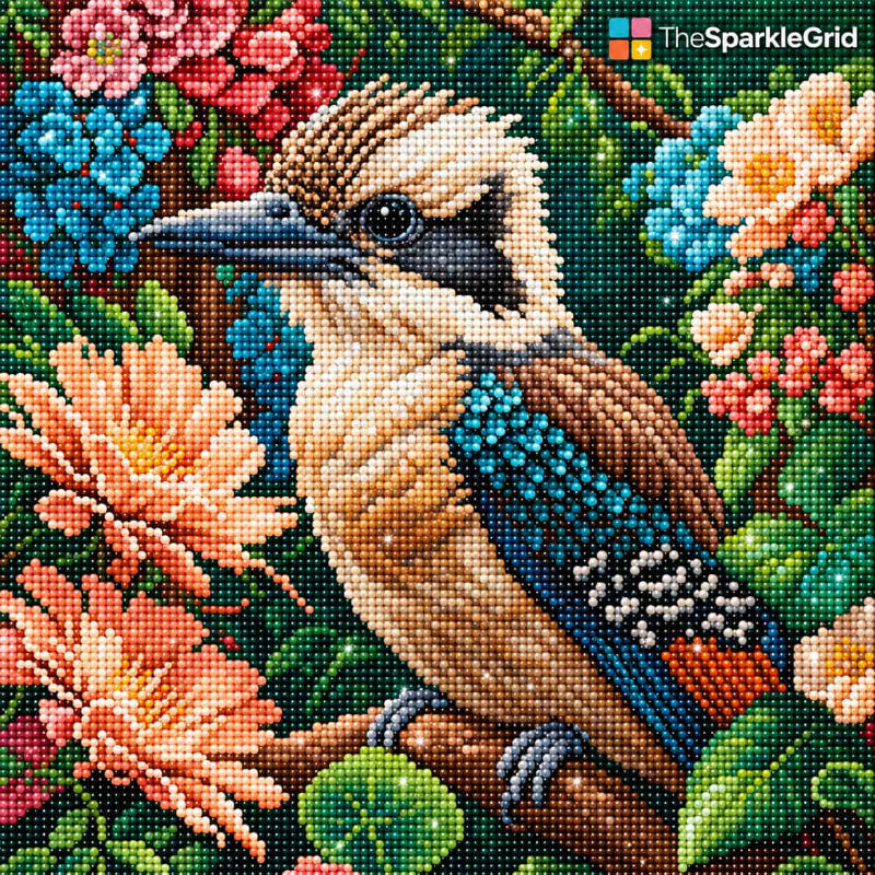 TheSparkleGrid kingfisher diamond painting kit with colorful floral artwork, resin diamonds, sorting trays and complete diamond painting tools