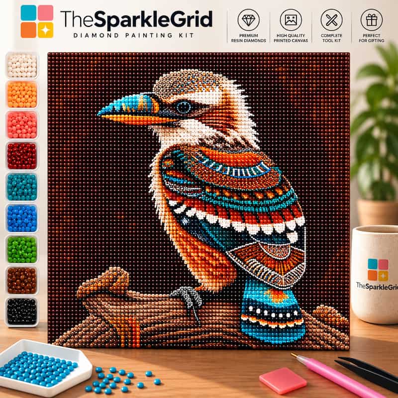 TheSparkleGrid diamond painting kit featuring a colorful kookaburra bird design with resin diamonds, drill trays, and complete painting tools