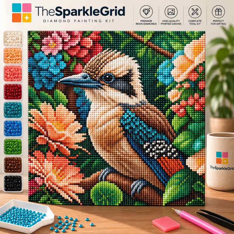 TheSparkleGrid diamond painting kit featuring a colorful kookaburra bird surrounded by vibrant flowers and green foliage
