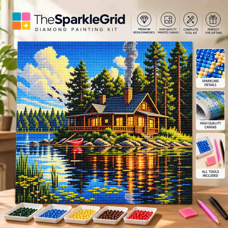 TheSparkleGrid diamond painting kit featuring a sparkling lakeside cabin artwork with colorful resin diamonds and complete painting tools