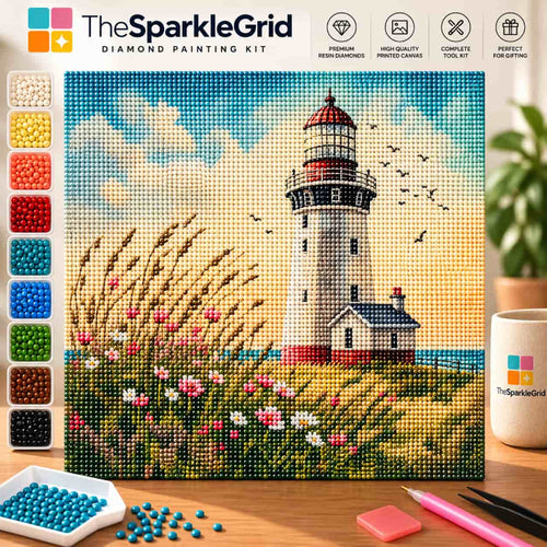 TheSparkleGrid full diamond painting featuring a coastal lighthouse surrounded by wildflowers and ocean scenery, completely made with colorful resin diamond drills and displayed with diamond painting tools