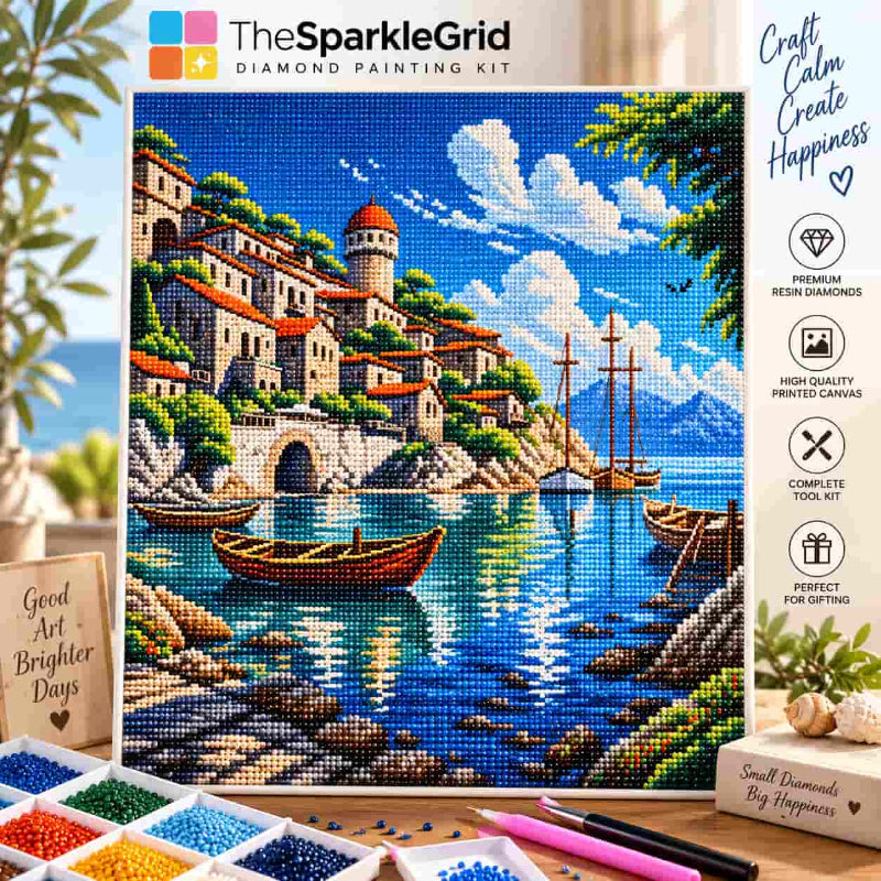 TheSparkleGrid diamond painting kit featuring a finished Mediterranean harbor artwork with colorful resin diamonds, coastal village, boats, blue sea, and complete diamond painting tools